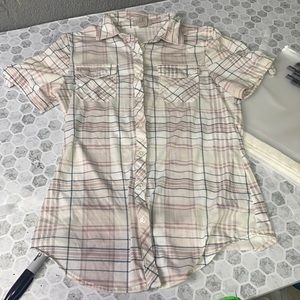 Passport Small Short Sleeve Plaid Button Up Collared Top